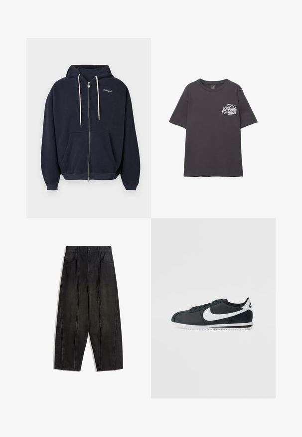 Tengerészkék, cipzáros pulóver puha anyagból, elülső zsebbel, húzózsinóros kapucnival és a mellkasnál hímzett logóval. Sima tapintású anyag.; Szürke pamut póló rövid ujjakkal, kerek nyakkivágással és fehér nyomtatott szöveggel a bal mellkas részen. Puha tapintású és laza fazonú.; Fekete, bőszárú farmernadrág, látható varrásokkal és rojtos szélekkel, két első zsebbel és magas derekú fazonnal.; Fekete és sötétzöld Nike sportcipők, fehér Swoosh logóval, texturált velúr részletekkel, sima felső részel és fehér gumitalppal.