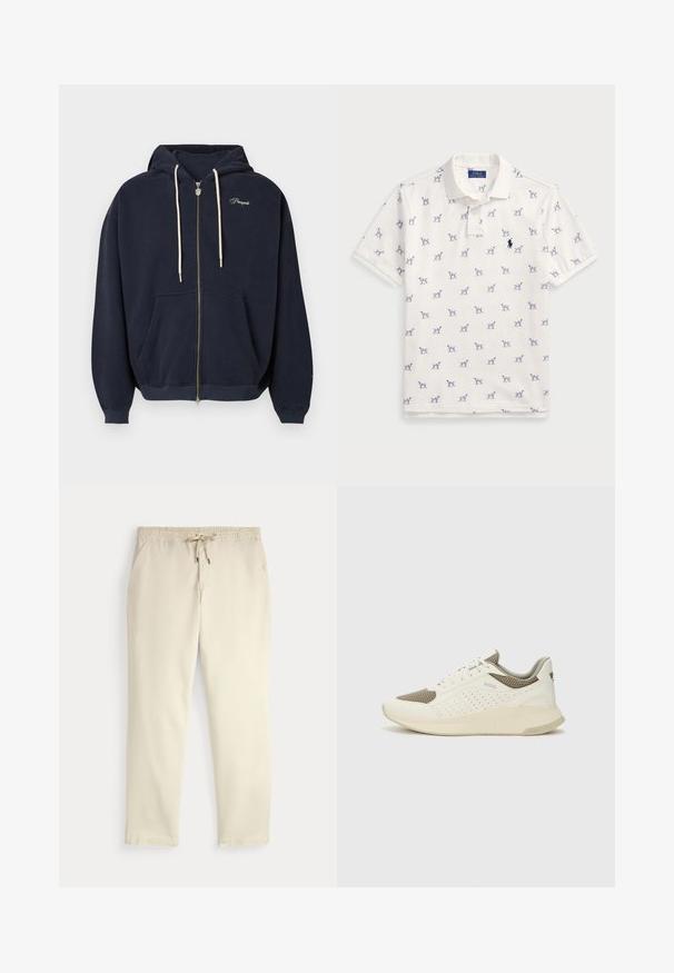 Tengerészkék, cipzáros pulóver puha anyagból, elülső zsebbel, húzózsinóros kapucnival és a mellkasnál hímzett logóval. Sima tapintású anyag.; Fehér póló, pamutból készült, ismétlődő kék kutyás mintával és egy kis kék logóval a mellkason. Rövid ujjak és gallér.; Krém színű, laza nadrág, rugalmas derékrésszel és húzózsinórral, egyenes szárakkal és oldalsó zsebekkel, egyszínű háttér előtt.; Fehér és világos bézs sportcipő, légies hálós felsőrésszel, perforált részletekkel és texturált középtalppal, amelyen a saroknál a márka logója található.