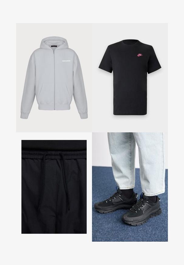 Pegador COLNE LOGO JACKET - Jaka ar rāvējslēdzēju - washed pearl grey/salty cream; Melnas kokvilnas T-krekls ar apaļu kaklu un īsām piedurknēm. Uz augšējās kreisās puses ir rozā Nike logo. Gluda tekstūra.; Melni šorti ar sašūtu jostu, viegls audums ar gludu tekstūru un vienkāršs dizains bez redzamiem logotipiem vai paraugiem.; Melni sporta apavi ar strukturētu audumu un gumijas zoli, ar elastīgām auklām un zilu akcentu uz papēža. Nēsāti ar gaišām džinsu biksēm.
