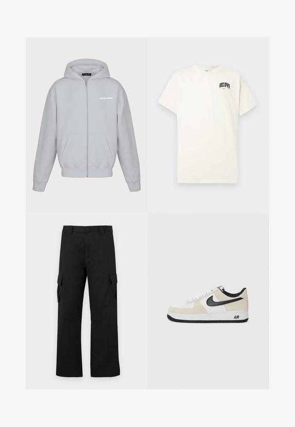 Pegador COLNE LOGO - Sweatshirt com capuz - washed pearl grey/salty cream; T-shirt de algodão na cor creme com mangas curtas, apresentando "NIKE SB" em texto preto e vermelho no peito. Gola redonda padrão.; Calças cargo pretas com um design de perna reta. Feitas de um tecido durável, apresentam dois bolsos laterais com fechos de aba e um fecho de botão.; Sapatilhas com parte superior em camurça bege claro e couro branco, swoosh da Nike em preto, detalhes em preto e uma sola de borracha branca com a marca "AIR".