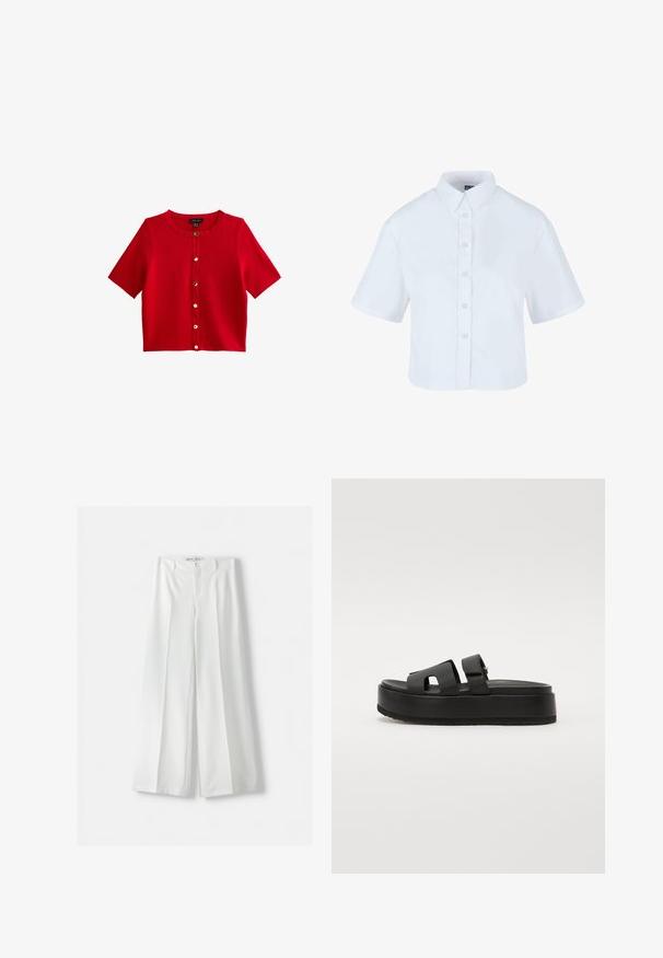 New Look COMPACT KNIT SHORT SLEEVE - Cardigan - red; Camicia bianca cropped con bottoni e maniche corte, dotata di colletto classico e bottoni effetto perla, realizzata in tessuto morbido.; Bershka WIDE-LEG TAILORED - Pantaloni - white; Sandali platform neri con due fasce larghe, realizzati in materiale liscio. Presentano una suola spessa con un fondo testurizzato per una migliore aderenza.