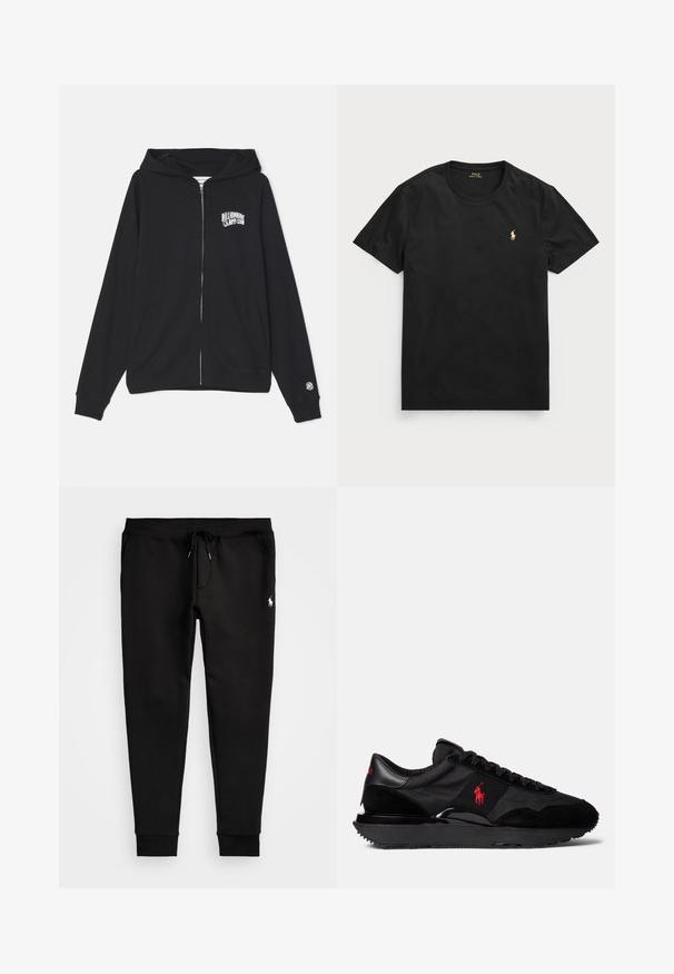 Crna zip majica od mješavine pamuka, s kenguruh džepom, kapuljačom s ušicama i prednjim logom. Mekana tekstura i rebrasti rubovi.; Crna majica kratkih rukava od pamuka s okruglim izrezom, koja sadrži mali zlatni logotip poloa na lijevoj strani prsnog područja.; Crne trenirke od mekog materijala, s pojasom na vezivanje, prilagođenim manžetama i malim bijelim logom na lijevoj nozi.; Crne atletske tenisice koje sadrže kombinaciju antilopa i tekstilnih materijala. Istaknuti crveni logo i teksturirana gumena potplat.