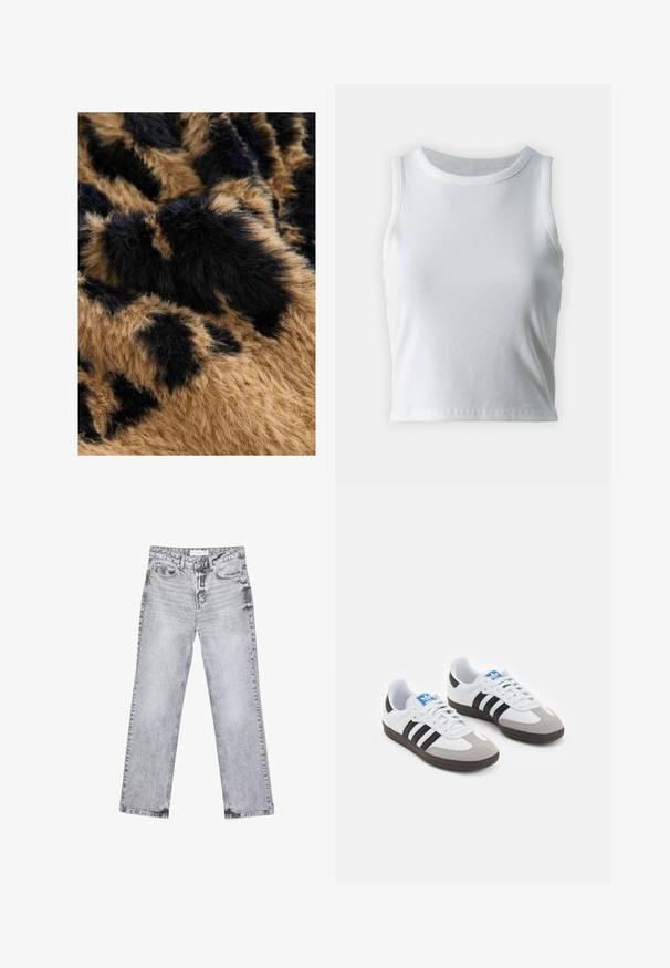 Brązowy i czarny sztuczny futerko o miękkiej, puszystej teksturze, z wzorem ciemnych plam na jaśniejszym tle.; Biała, prążkowana koszulka na ramiączkach z okrągłym dekoltem i bez rękawów, z prostym dołem i gładką, elastyczną teksturą.; Szare dżinsy o prostym kroju nogawki, z przetarciami, pięcioma kieszeniami i miedzianymi nitami. Pasek w talii posiada metkę z logo.; Buty sportowe z białą skórzaną cholewką, szarym zamszowym noskiem i trzema czarnymi paskami. Posiadają niebieskie logo na języku oraz teksturowaną gumową podeszwę.