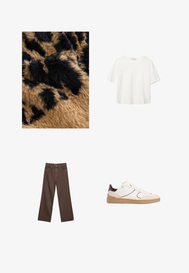Tissu en fausse fourrure brun et noir avec une texture douce et duveteuse, présentant un motif de taches foncées sur un fond plus clair.; T-shirt blanc à manches courtes en coton. Doté d'un col ras du cou et d'une coupe décontractée. Texture lisse sans motifs ni accents visibles.; Jean brown à jambes larges en denim, doté d'une taille haute, de poches avant et d'une fermeture à bouton classique. Texture lisse avec des coutures subtiles.; Stradivarius Baskets basses - white