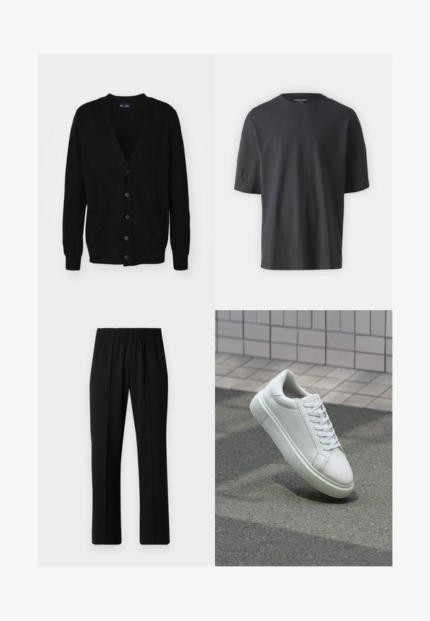 GAP CASH SOFT - Adīta jaka - black; Melnas īsām piedurknēm t-krekls, kas izgatavots no kokvilnas, ar apaļu kakla izgriezumu un brīvu piegriezumu. Nav redzami nekādi raksti vai akcenti.; Melni elastīgi bikses ar taisnas kājas dizainu, ar gludu tekstūru un bez redzamām zīmēm vai detaļām.; Baltas ādas sporta apavi ar gludu virsmu, apaļu pirkstu un plakanām baltām šņorēm. Iezīmējas ar strukturētu gumijas zoli un minimālisma dizaina elementiem.