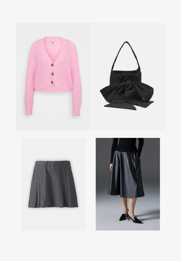Rózsaszín, kötött, rövidített kardigán V-nyakkal, hosszú ujjakkal és három nagy barna gombbal az elülső részen. Texturált anyag és bordázott mandzsetta.; Két pánt nélküli felső: az egyik barna és krém színű absztrakt állatmintás, míg a másik egyszínű fekete. Mindkettő puha anyagból készült.; Szürke, redős szoknya texturált anyagból, derékpánttal és rejtett cipzárral. Egyenletesen elhelyezett redők jellemzik, ami strukturált megjelenést kölcsönöz.; Fekete bőr midi szoknya sima textúrával; derékpánttal és oldalsó zsebekkel rendelkezik. Fényes fekete magassarkú cipővel párosítva.; Fekete szövet kézitáska, amelyet megkötött masni díszít, kerek formájú, texturált felülete apró mintákkal, és egyetlen, vékony fogantyúval rendelkezik.