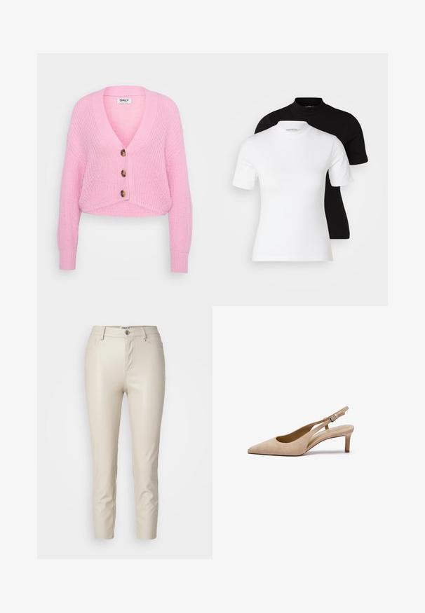Ροζ πλεκτό κοντό cardigan με V-λαιμόκοψη, μακριά μανίκια και τρία μεγάλα καφέ κουμπιά στο μπροστινό μέρος. Υφασμάτινη υφή και ριμπ μανσέτες.; Even&Odd Petite 2 PACK - Βασικό μπλουζάκι - white/black; Μπεζ ψεύτικες δερμάτινες παντελόνες με στενή γραμμή, μπροστινές τσέπες και κλείσιμο με κουμπί, διαθέτοντας λεία υφή και στενό τελείωμα.; Zign LEATHER - Κλασικές γόβες - beige