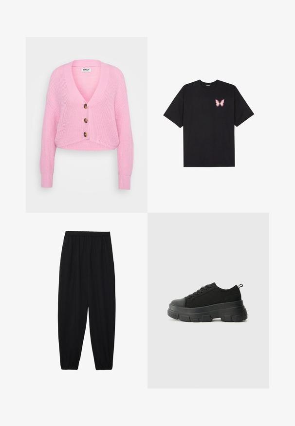 Cardigan curto de malha rosa com decote em V, mangas longas e três grandes botões castanhos na frente. Tecido texturizado e punhos canelados.; T-shirt de algodão preto com mangas curtas, apresentando um pequeno gráfico de borboleta rosa no lado esquerdo do peito. Design de gola redonda com um corte solto.; Calças pretas, leves, com um cinto elástico e punhos franzidos. O tecido é suave e apresenta um design relaxado e afunilado.; Sneakers pretos com sola de borracha robusta, parte superior de tecido texturizado, bico redondo e design de atacadores. Apresenta ilhós reforçados e uma alça na parte posterior.