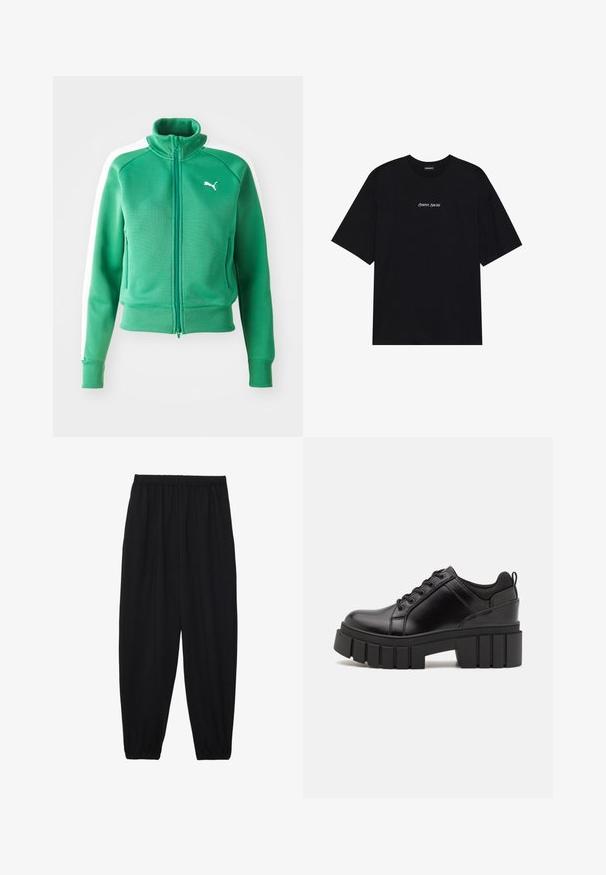 Zeleni dukserica s patentnim zatvaračem izrađena od teksturiranog materijala, s rebrastim manžetama i donjim rubom, koja ima bijele bočne panele i bijeli logo na prsima.; Crna pamučna majica s opuštenim dizajnom. Ima kratke rukave i okrugli izrez. Natpis "Pozitivno Iskreno" u bijeloj boji, centriran na prednjoj strani.; Crne, lagane hlače s elastičnom stražnjom pasicom i naboranim gležnjevima. Tkanina je glatka i ima opušteni, suženi dizajn.; Crne kožne platforme s debelim blok-peta, okruglim prstima i klasičnim dizajnom vezanja. Imaju gladak tekstur i minimalne detalje.