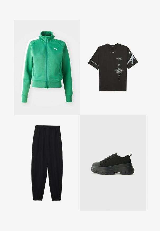 Green zip-up sweatshirt with a textured fabric, ribbed cuffs and hem, featuring white side panels and a white logo on the chest.; Black cotton t-shirt featuring white graphic prints, including a scorpion and abstract designs. Short sleeves; round neckline.; Black, lightweight pants with an elastic waistband and gathered ankles. The fabric is smooth and features a relaxed, tapered design.; Black sneakers with a chunky rubber sole, textured fabric upper, round toe, and lace-up design. Features reinforced eyelets and back pull tab.
