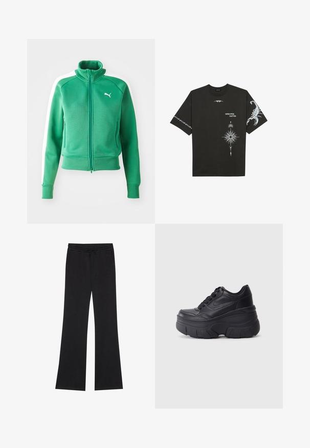 Hanorac verde cu fermoar, dintr-un material texturat, cu manșete și tivă cu nervuri, având panele laterale albe și un logo alb pe piept.; Tricou din bumbac negru, cu imprimeuri grafice albe, inclusiv un scorpion și desene abstracte. Mâneci scurte; decolteu rotund.; Even&Odd Pantaloni de trening - black; Adidași negri cu șireturi, cu un toc gros, având partea superioară din piele netedă, vârf rotund și un design distinct de platformă stratificată.