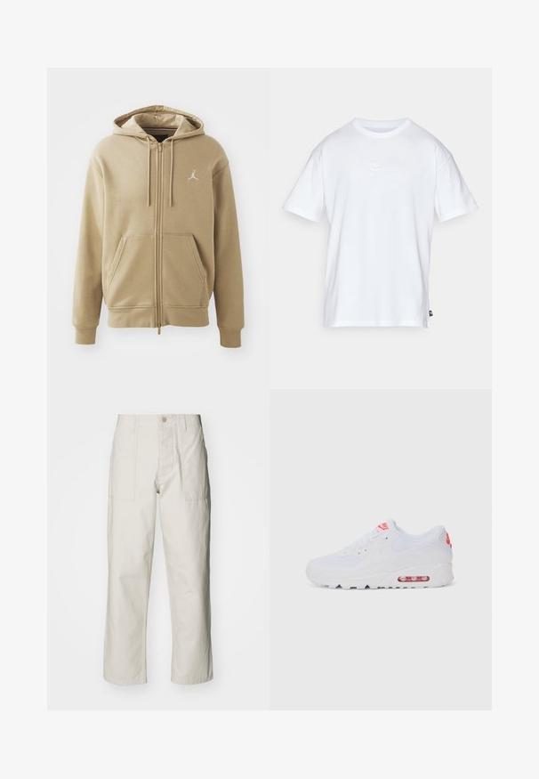 Beige zip-up hette laget av mykt stoff, med en kenguru-lomme, to snorer og en liten hvit logo på øvre venstre side.; Hvit bomull t-skjorte med korte ermer og rund hals. Har en liten, subtil Nike-logo på brystet og en sidelapp.; Lyse beige vide bukser laget av bomull. Har frontlommer og knappelukking. Jevn tekstur med subtile vertikale linjer.; Hvite atletiske joggesko med glatt overdel, snøring, polstret såle og synlig luftenhet med røde detaljer på merket.
