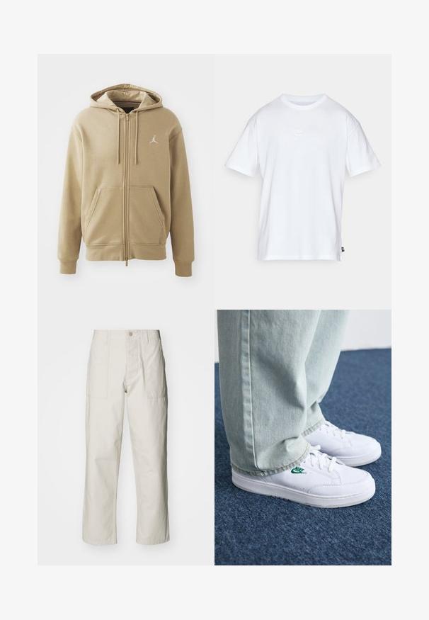 Felpa beige con zip realizzata in tessuto morbido, dotata di tasca a marsupio, due cordini e un piccolo logo bianco sul lato sinistro superiore.; T-shirt bianco in cotone con maniche corte e colletto tondo. Presenta un piccolo e discreto logo Nike sul petto e un'etichetta laterale.; Pantaloni a gamba larga beige chiaro in cotone. Presentano tasche frontali e chiusura con bottone. Tessuto liscio con sottili linee verticali.; Sneakers in pelle bianca con logo Nike verde, punta rotonda, suola piatta, abbinati a pantaloni in denim azzurro, mostrati su un tappeto blu.