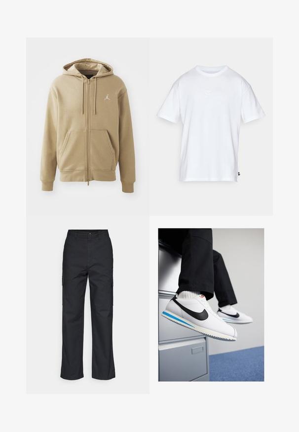 Sudadera con cremallera beige hecha de una tela suave, que cuenta con un bolsillo canguro, dos cordones y un pequeño logo blanco en la parte superior izquierda.; Camiseta de algodón blanca con mangas cortas y cuello redondo. Presenta un pequeño y sutil logo de Nike en el pecho y una etiqueta lateral.; Pantalones cargo negros con un diseño de pierna recta, que cuentan con bolsillos laterales y una tela texturizada. Cierre de botón en la cintura para un ajuste seguro.; Zapatillas blancas de cuero con un swoosh negro de Nike, suela de goma en azul claro y gris, y un diseño clásico de cordones. Pies apoyados en un archivero.