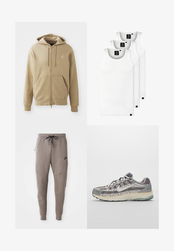Beige zip-up hoodie van zachte stof, met een kangoeroezak, twee trekkoorden en een klein wit logo op de bovenste linkerzijde.; Drie witte geribde tanktops van katoen. Kenmerken zijn een ronde hals en kleine zwarte labels nabij de zoom. Verkrijgbaar in meerdere maten.; Grijze Nike-sweatpants met een verstelbare tailleband, taps toelopende benen, zijzakken en opvallende naaddetails. Zachte, gestructureerde stof.; Grijze sportieve schoen met een bovenwerk van mesh en suede, witte accenten, een gevoerde zool en een onderscheidend ontwerp met reflecterende elementen.