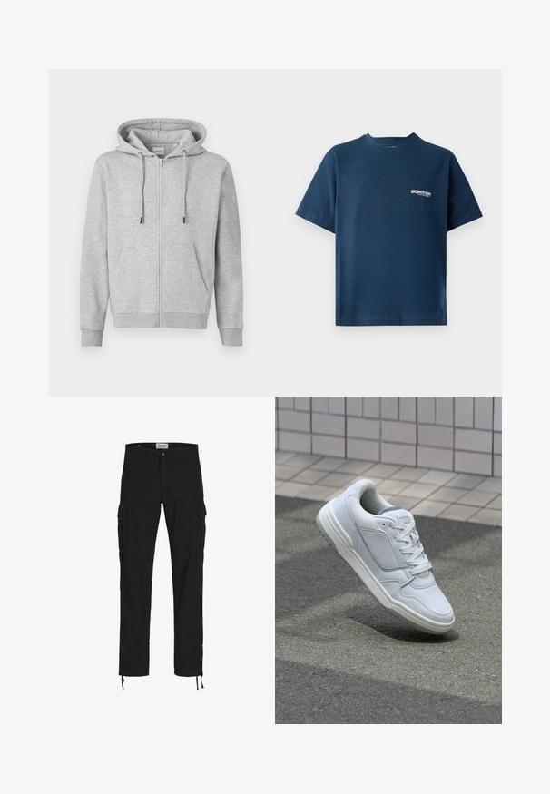 Felpa grigia con zip realizzata in tessuto morbido, dotata di cappuccio con coulisse, tasche frontali e polsini a coste. Texture liscia con dettagli minimi.; T-shirt in cotone blu navy con maniche corte e scollatura rotonda. Presenta un piccolo logo bianco sull'area a sinistra del petto. Texture morbida.; Pantaloni cargo neri con taglio dritto, dotati di tasche laterali, chiusura con bottone e coulisse elastiche alle caviglie. Realizzati in tessuto resistente.; Sneaker bianca in pelle con lati perforati, accenti testurizzati, lacci piatti e tallone grigio a contrasto. Presenta una suola leggermente elevata.
