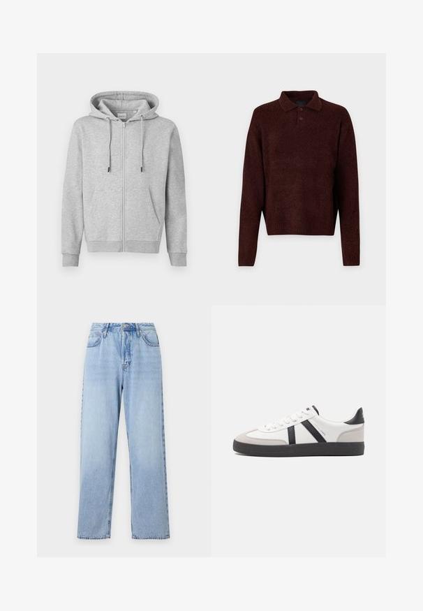 Pelēka virsjaka ar rāvējslēdzēju, izgatavota no mīksta auduma, ar kapuci, kas viegli regulējama ar auklu, priekšējām kabatām un ribinātām piedurknēm. Gluda struktūra ar minimālu dizainu.; Brūns adīts džemperis ar polo apkakli, trīs pogām pie kakla un garām piedurknēm. Mīksta tekstūra, ribota apakšmala un piedurkņu gali.; Gai zilu džinsi ar taisnu piegriezumu, augstu vidukli, piecām kabatām un augšējo pogu aizdari. Iezīmēts ar izbalējušu mazgāšanu un kontrastējošu šuvju. ; Baltas sneakeris ar melniem un pelēkiem akcentiem, kuram ir teksturēts pelēks purngals, melna gumijas zole un plakanas baltas šņores. Tīrs dizains, minimālisma stils.