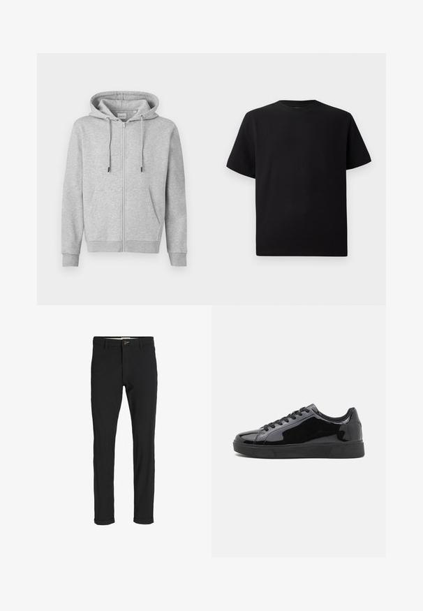 Felpa grigia con zip realizzata in tessuto morbido, dotata di cappuccio con coulisse, tasche frontali e polsini a coste. Texture liscia con dettagli minimi.; T-shirt corto nero a maniche corte realizzato in tessuto testurizzato, con scollatura rotonda e vestibilità comoda. Semplice, senza motivi o dettagli.; Pantaloni neri in cotone misto con vestibilità slim, dotati di chiusura con bottone, tasche e orli arrotolati per un look informale.; Sneakers in vernice nera con punta tonda, suola piatta in gomma e lacci neri. Superficie superiore liscia e lucida.