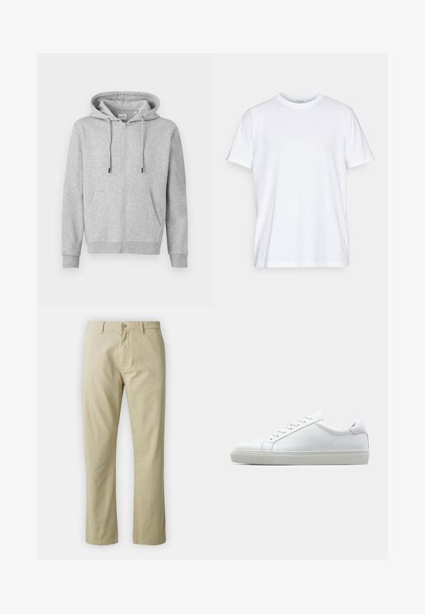 Pilkos spalvos zip-up džemperis, pagamintas iš minkštos medžiagos, turintis kapučino su raišteliu, priekinėmis kišenėmis ir gipiūro rankogaliais. Lygus paviršius su minimaliais akcentais.; Balta medvilnė marškinėliai su trumpos rankovėmis, apvali iškirptė ir laisvas kirpimas. Yra minimalistinio dizaino, be raštų ar akcentų.; Bežiniai medvilniniai kelnės su tiesiais blauzdomis, priekyje su mygtukų uždarymu ir diržo kilpomis. Lygus paviršius, nėra matomų raštų ar akcentų.; Baltas sportinis batelis su lygiu odiniu paviršiumi ir žemu profiliu. Turi suapvalintą pirštą, šešis akių skyrius ir tekstūruotą gumos padą.