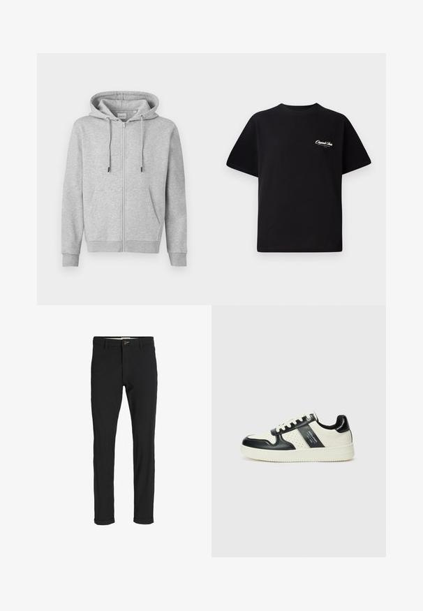 Siveta zip-up huoodie iz mehkega blaga, opremljena z vrvico za kapuco, sprednjimi žepi in ribastimi manšetami. Gladka tekstura z minimalnim okrasjem.; Črna bombažna majica s krožno ovratnikom, kratkimi rokavi in majhnim belim logotipom na levem prsnem delu. Preprost dizajn, klasičen kroj.; Črne bombažne hlače iz mešanice tkanin, ožjega kroja, z gumbom za zapiranje, žepi in zavihanimi robovi za sproščen videz.; Usnjeni športni čevlji z črno in krem barvno shemo, ki vključujejo perforirane dodatke, podložen ovratnik in strukturirano podplat.