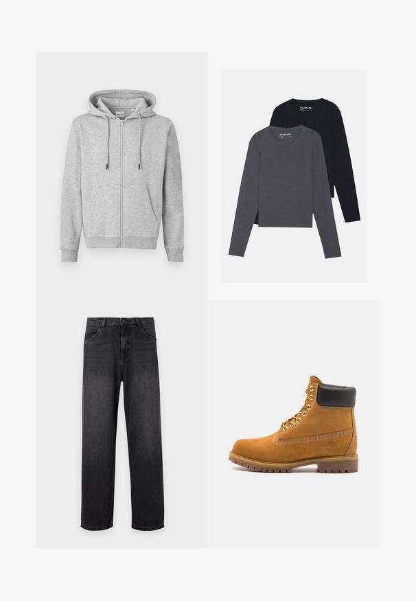 Sweat à capuche gris zippé en matière douce, avec capuche ajustable par cordon, deux poches avant, et poignets et ourlet côtelés.; YOURTURN 2 PACK UNISEX - T-shirt à manches longues - dark grey/black; Jeans en denim gris foncé avec un design à jambe droite, dotés d'une fermeture éclair, de cinq poches et de légères décolorations sur le tissu.; Bottine en daim beige avec un col rembourré noir, œillets en métal doré, détails de surpiqûres blanches et semelle en caoutchouc robuste avec des crampons prononcés.