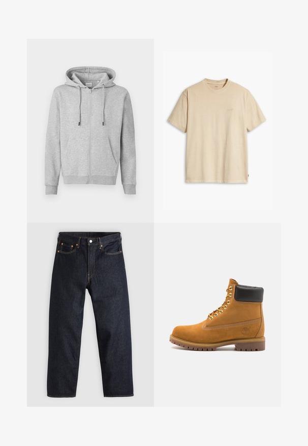Šedá mikina s kapucí na zip vyrobená z měkké látky, s nastavitelnou kapucí, předními kapsami a žebrovanými manžetami. Hladký povrch s minimálními detaily.; Béžové bavlněné tričko s kulatým výstřihem a krátkým rukávem. Na hrudi má decentní logo "Levi's" ve stejné barvě. Měkká textura.; Tmavomodré džíny z denimu se straight střihem, pěti kapsami, kontrastním oranžovým šitím a knoflíkovým zapínáním. Žádné viditelné vzory ani ozdoby.; Hnědé semišové kotníkové boty s černým polstrovaným límcem, zlatými kovovými očky, bílým prošíváním a odolnou gumovou podrážkou s výraznými drážkami.