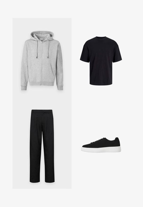 Felpa grigia con zip realizzata in tessuto morbido, dotata di cappuccio con coulisse, tasche frontali e polsini a coste. Texture liscia con dettagli minimi.; T-shirt in cotone nero con collo rotondo, maniche corte e vestibilità morbida. Texture liscia senza pattern o dettagli visibili.; Pantaloni neri realizzati in tessuto liscio, caratterizzati da un taglio dritto, due pieghe frontali e una vita standard con passanti per la cintura.; Sneaker nera in suede con punta arrotondata, chiusura con lacci e suola in gomma bianca. Design semplice con accenti minimi e texture liscia.