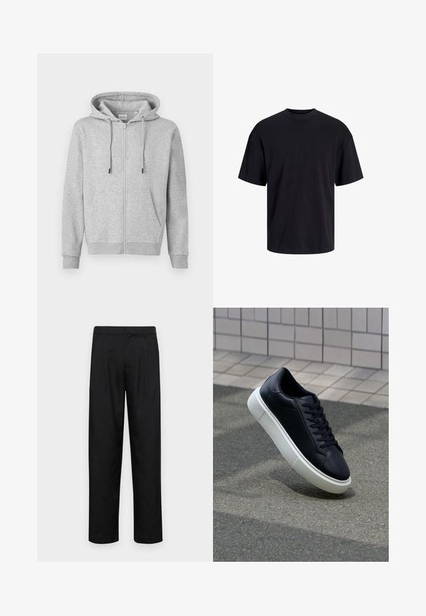 Grå zip-up hoodie gjord av mjukt material, med dragsko i huvan, två framfickor och ribbade muddar och fåll.; Svart bomullströja med rundad halsringning, korta ärmar och avslappnad passform. Slät textur utan synliga mönster eller detaljer.; Svarta byxor i slät väv, med rak ben-design, två framfickor och standardmidja med bälteshällor.; Svart lädersneaker med rundad tå och vit gummisula. Har platta snören och minimal sömnad på ovansidan. Texturerad sula för grepp.