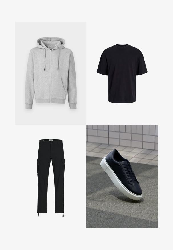 Grijze zip-up hoodie gemaakt van zachte stof, met een capuchon met trekkoord, voorzakken en ribgebreide manchetten. Glad textuur met minimale details.; Zwarte katoenen t-shirt met een ronde halslijn, korte mouwen en een relaxte pasvorm. Glad textuur en geen zichtbare patronen of accenten.; Zwarte cargobroek met een rechte snit, voorzien van zijzakken, een knoopsluiting en elastische trekkoorden bij de enkels. Gemaakt van duurzame stof.; Zwarte leren sneaker met een ronde neus en een witte rubberen zool. Voorzien van platte veters en minimale stiksels op het bovenwerk. Textuurrijke zool voor grip.