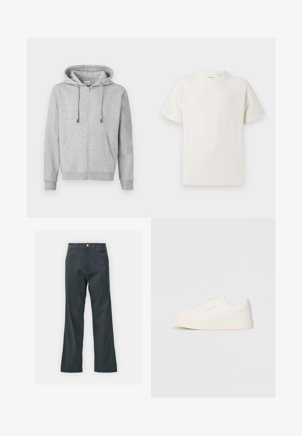 Felpa grigia con zip realizzata in tessuto morbido, dotata di cappuccio con coulisse, tasche frontali e polsini a coste. Texture liscia con dettagli minimi.; T-shirt bianca a maniche corte in texture a coste. Girocollo, vestibilità rilassata, senza modelli o accenti visibili. Design semplice e versatile.; Pantaloni neri con taglio dritto, realizzati in tessuto misto cotone. Presentano una chiusura con bottone metallico e tasche laterali. Nessun motivo visibile.; Sneakers bianchi slip-on con superficie texturizzata, suola spessa e design minimalista. Presentano il logo del marchio sul lato.