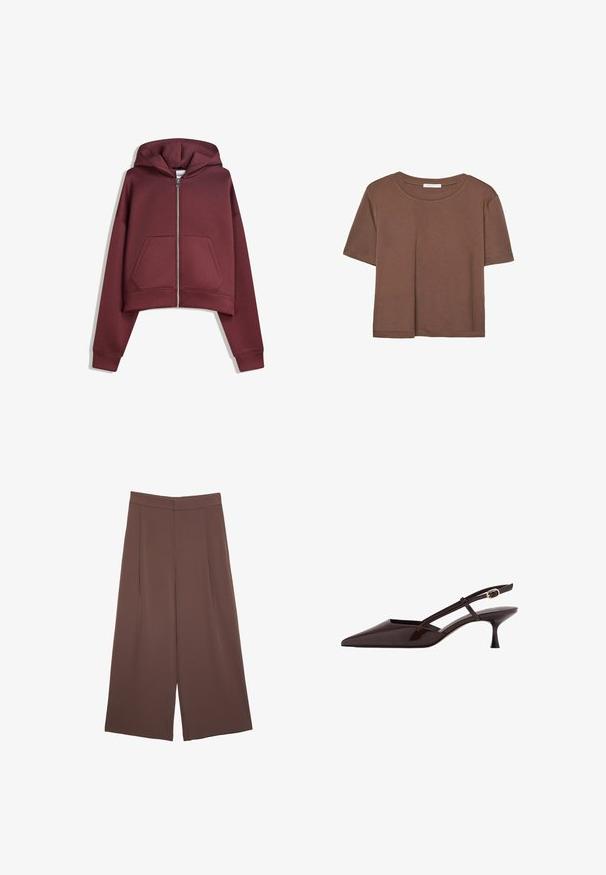 Felpa cropped zip-up bordeaux con tasche frontali e maniche lunghe, esposta piatta su uno sfondo bianco.; Maglietta a maniche corte marrone realizzata in tessuto morbido, con scollatura rotonda e vestibilità rilassata. Nessun motivo o dettaglio visibile.; Pantaloni ampi marroni con una texture liscia, caratterizzati da una vita alta e pieghe frontali. Il tessuto è leggero e scorre liberamente.; Décolleté in pelle verniciata marrone scuro con punta affusolata, tacco kitten basso e cinturino regolabile con fibbia in tonalità oro.