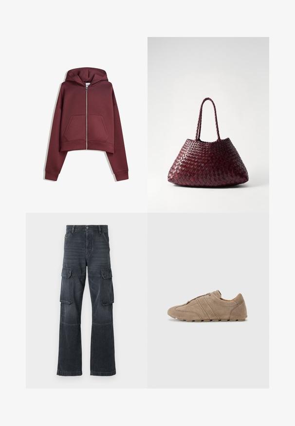 Haut à capuche court zippé maroon avec poches avant et manches longues, présenté à plat sur fond blanc.; T-shirt blanc uni à manches courtes et col ras du cou, ajusté, présenté à plat sur un fond blanc.; Pantalons cargo gris foncé en denim, featuring deux poches latérales et une coupe large. Détails de couture le long des coutures et des bords.; Chaussures en suedine beige avec une profil bas, présentant des coutures et une surface texturée, complétées par des semelles extérieures en caoutchouc offrant une traction.; DRAGON DIFFUSION SANTA CROCE BIG - Sac à main - bordo