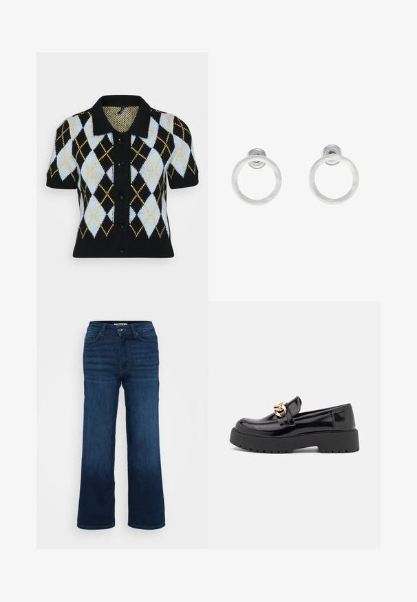 Must musta lühikeste varrukatega kardigan, millel on helebeež, valge, must ja kollane rombimuster. Nööbist kinni pandav eesmine osa koos kraega. Tekstuuriga kudum.; Even&Odd Petite 2 PACK - Topp - light grey/black; ONLY Petite ONLMADISON BLUSH WIDE - Wide leg - dark blue denim; Mustad musta läikiva nahaga loaferid, millel on jäme must tald ja kuldsed detailid. Sujuv tekstuur ja ümar varvaste disain.; Hõbedased metallist rõngastooted, millel on harjatud tekstuur, ümmargune disain ja selge tagumine post, tagamaks kindlat kandmist.