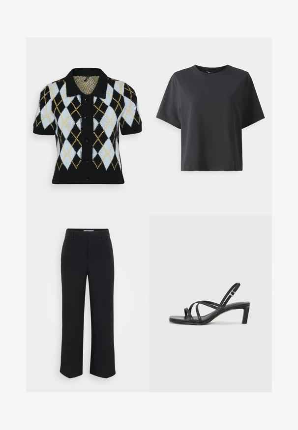 Μαύρο κοντομάνικο καρότσια με σχέδιο αργυλού σε ανοιχτό μπλε, λευκό, μαύρο και κίτρινο. Κουμπώνει μπροστά με γιακά. Υφασμάτινη πλέξη με υφή.; Μαύρη βαμβακερή μπλούζα, κοντά μανίκια, στρογγυλή λαιμόκοψη, χαλαρή εφαρμογή, λεία υφή, απλός σχεδιασμός, χωρίς μοτίβα ή διακοσμητικά.; Μαύρο παντελόνι φαρδιάς γραμμής με λεία υφή, διαθέτοντας επίπεδη ζώνη και πλαϊνές τσέπες, σχεδιασμένο με μινιμαλιστική αισθητική.; Μαύρη σανδάλι με λουράκια και τετράγωνη μύτη, καθώς και χαμηλό μπλοκ τακούνι. Διαθέτει πολλαπλά λεπτά λουράκια και ρυθμιζόμενο λουράκι στον αστράγαλο. Κατασκευασμένο από λείο δέρμα.