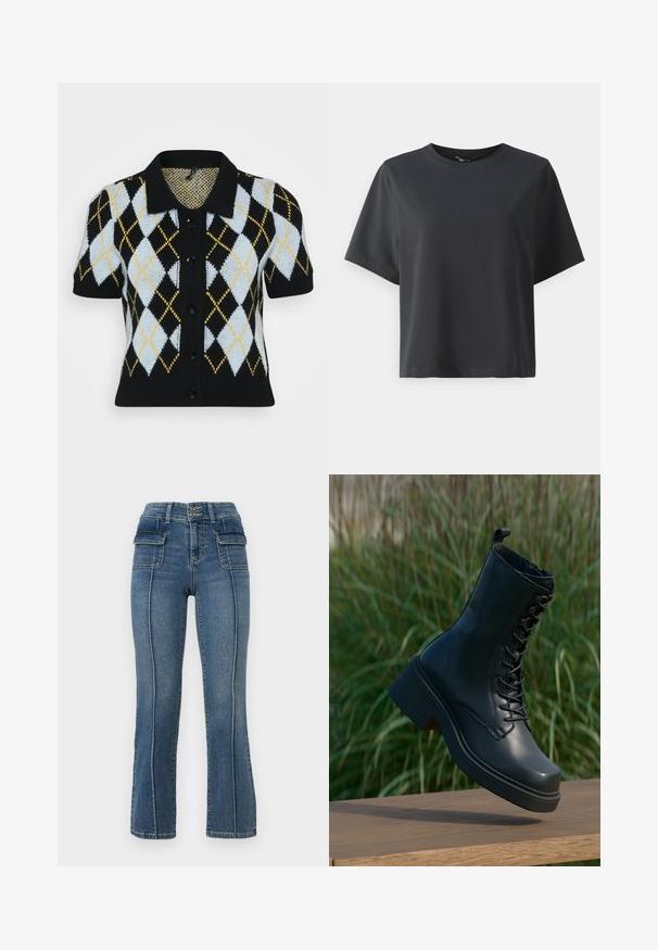 Cárdigan preto de manga curta com um padrão argyle em azul claro, branco, preto e amarelo. Frente com botões e colarinho. Tecido de malha texturizada.; T-shirt de algodão preto, mangas curtas, gola redonda, corte descontraído, textura suave, design simples, sem padrões ou detalhes.; ONLY Petite ONLWAUW MID WAIST FLARED - Calças de ganga à boca de sino - medium blue denim; Botas de tornozelo em couro preto com biqueira redonda, fecho de atacadores na frente e um salto grosso e robusto. Apresenta costuras detalhadas e uma textura de superfície suave.