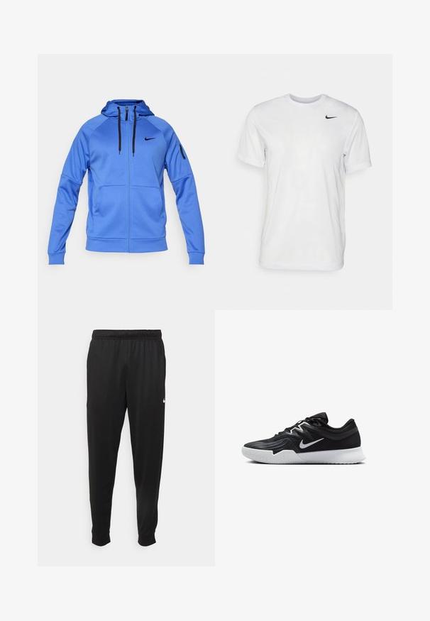 Modrá športová mikina Nike na zips s čiernymi šnúrkami, bočnými vreckami, vreckom na zips na rukáve a čiernym logom Nike na prsiach.; Biela krátka tričko s krátkymi rukávmi vyrobené z hladkej látky. Má okrúhly výstrih a malé čierne logo Nike na ľavej hrudi.; Čierne športové nohavice z hladkej tkaniny, s elastickým pásom, zužujúcimi sa nohavicami a malým bielym logom na ľavej strane.; Čierna športová topánka s textúrovaným zvrškom, bielym logom Nike a bielou gumovou podrážkou. Má šnurovací dizajn a dynamický tvar.