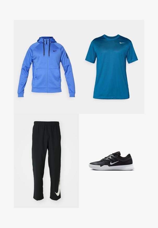 Blauwe Nike hoodie met ritssluiting, zwarte trekkoorden, zijzakken, een ritssluiting op de mouw en het zwarte Nike-logo op de borst.; Korte mouw sport t-shirt in blauw, gemaakt van een gladde, vochtregulerende stof. Voorzien van een ronde halslijn en een klein logo op de borst.; Zwarte sportbroeken met elastische tailleband, taps toelopend ontwerp, met een groot wit Nike-logo op het linkerbeen. Zachte, lichte stof.; Zwarte sportieve schoen met een gestructureerde bovenkant, witte Nike swoosh en een witte rubberen zool. Beschikt over een veterontwerp en een dynamische vorm.