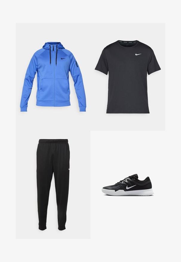 Felpa Nike blu con zip, cordini neri, tasche laterali, tasca con zip sulla manica e logo Nike nero sul petto.; Maglietta da corsa Nike nera realizzata in materiale leggero e traspirante, con maniche corte e un piccolo logo bianco sul petto.; Pantaloni sportivi neri realizzati in tessuto liscio, con una vita elastica, gambe affusolate e un piccolo logo bianco sul lato sinistro.; Scarpa sportiva nera con tomaia testurizzata, logo Nike swoosh bianco e suola in gomma bianca. Presenta un design con lacci e una forma dinamica.