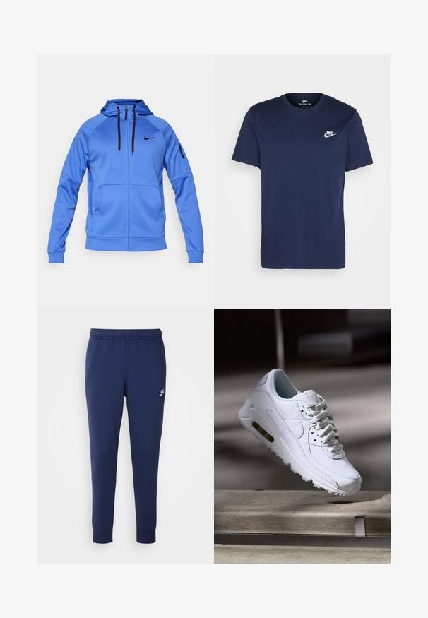 Sweatshirt Nike azul com fecho, cordões pretos, bolsos laterais, bolso com fecho na manga e logótipo Nike preto no peito.; T-shirt de algodão azul-marinho com decote redondo e mangas curtas. Apresenta um logo branco da Nike no peito esquerdo e uma barra reta.; Calças de treino Nike azul-marinho feitas de uma mistura suave de algodão, com um cós elástico, pernas afuniladas e um pequeno logotipo branco de lado.; Sapatilha branca de couro com superfícies texturizadas, colarinho acolchoado e amortecimento de ar visível na sola. Apresenta atacadores e um design minimalista.