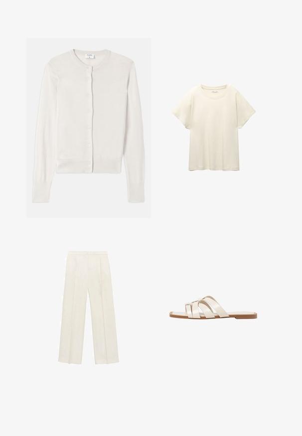 Jasno beżowy sweter z dzianiny z okrągłym dekoltem, długimi rękawami i sześcioma guzikami z przodu. Miękka tekstura z prążkowanymi mankietami.; Jasno beżowa, krótko rękawowa koszulka z okrągłym dekoltem, wykonana z miękkiego, gładkiego materiału. Posiada luźny krój i prosty dół.; Spodnie o szerokich nogawkach w jasnym kolorze kremowym. Wykonane z gładkiego materiału, z plisami z przodu i bocznymi kieszeniami.; Płaskie sandały z brązową gumową podeszwą, zaprojektowane z trzema nakładającymi się na siebie białymi skórzanymi paskami i małym detalem w postaci kokardy na środku.