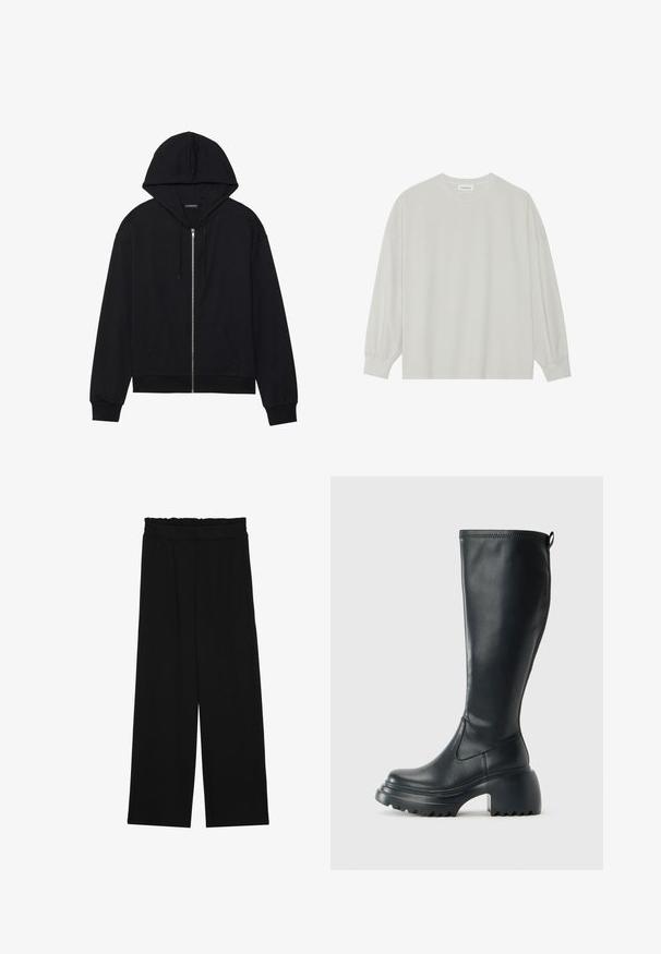 Black zip-up hoodie with a front pocket, drawstring hood, ribbed cuffs, and hem. Made from soft material with a smooth texture.; Light gray long-sleeve t-shirt made of soft cotton. Features a loose fit, round neckline, and gently gathered cuffs. No patterns or graphics.; Black wide-leg trousers with a ruffled waistband, featuring two side pockets and a smooth, lightweight fabric. No visible patterns or hardware.; Tall black leather boot with chunky platform sole and block heel, featuring pull tab and textured tread on outsole.