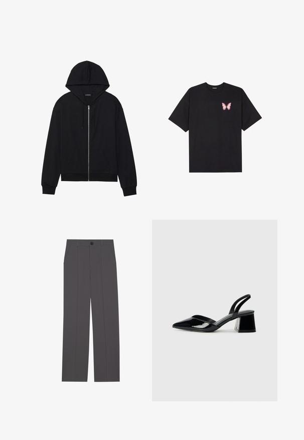 Must mustaga kapuutsiga tõmblukuga dressipluus, millel on ees tasku, reguleeritav kapuuts, soonikkoes mansetid ja ääred. Valmistatud pehmest materjalist, millel on sile tekstuur.; Must muströöpidega must puuvillane T-särk, vasakul rinnal on väike roosa liblikas. Ümar kaelus ja vabalt istuv lõige.; Hallid hallid püksid otse jala lõikega, millel on kaks küljetaskut ja nööbisahtel. Sile kangas ilma nähtavate mustrite või aktsentideta.; Mustad musta lakknahk kingad, millel on terav varvas ja geomeetriline plokkkonts. Omab elegantselt minimalistlikku disaini ja sujuvat tekstuuri.