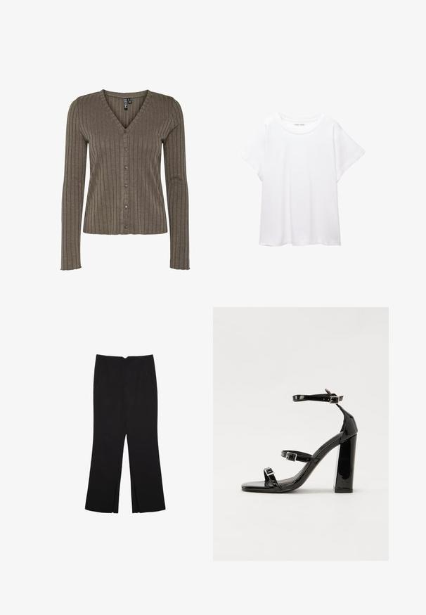 Brun ribbad cardigan med v-ringning, långa ärmar och knäppning fram. Har en subtil struktur och en figurnära silhuett.; Vit t-shirt som är gjord av mjukt, lätt tyg. Har en rund halsringning och korta, vida ärmar med en avslappnad passform. Inga synliga mönster.; Svarta byxor med rak passform, utrustade med framfickor och sidoklyvningar vid fållen. Tillverkade av mjukt, slätt tyg. Lämpliga för olika tillfällen.; Svarta lackerade högklackade sandaler med två spännband, fyrkantig tå och en tjock klack, med en slät och glansig yta.