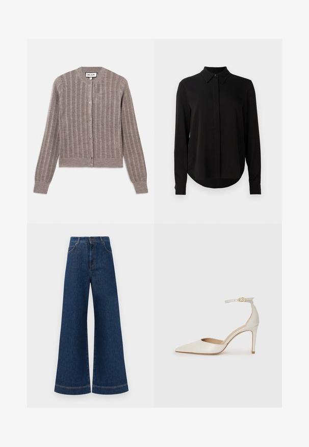 Gray, ribbed cardigan with a crew neck, long sleeves, and button closure. Features a soft texture with a subtle sheen.; Black long-sleeve blouse with pointed collar, concealed button placket, and curved hem against a plain white background.; Wide-leg blue denim jeans with a high waist, featuring a button closure, belt loops, and subtle stitching details along the pockets and hems.; White leather high-heeled shoe with a pointed toe, ankle strap, and a slim stiletto heel. Smooth texture with subtle glossy finish.