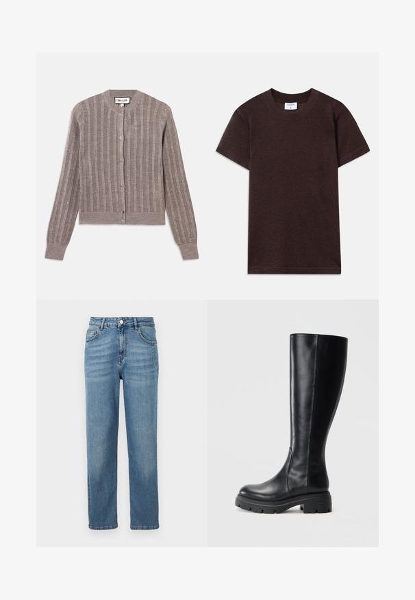 Gray, ribbed cardigan with a crew neck, long sleeves, and button closure. Features a soft texture with a subtle sheen.; Brown cotton t-shirt with a round neck and short sleeves. Hem and cuffs have a clean finish; no visible patterns or graphics.; Light blue denim jeans with a straight-leg cut, visible front pockets, a button closure, and slight fading for texture.; Black knee-high boots made of smooth leather, featuring a rounded toe and a chunky rubber sole with tread patterns for traction.