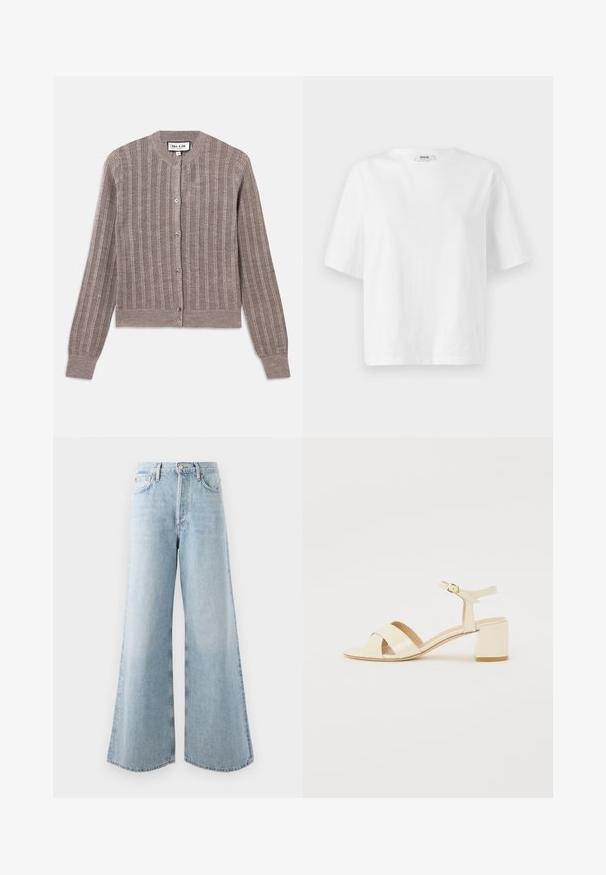 Cardigan gris à côtes avec un col rond, des manches longues et une fermeture à bouton. Il présente une texture douce avec un subtil éclat.; T-shirt blanc à manches courtes en coton, avec un col rond et une coupe ample et carrée, présentant des détails de couture minimaux.; Jeans large bleu clair en denim, avec une taille haute, cinq poches et une fermeture à bouton/zip. Ourlet évasé pour plus de volume.; Sandales à talons en cuir verni beige avec un design à brides croisées, bout ouvert, bride de cheville réglable et un talon carré. Texture lisse.