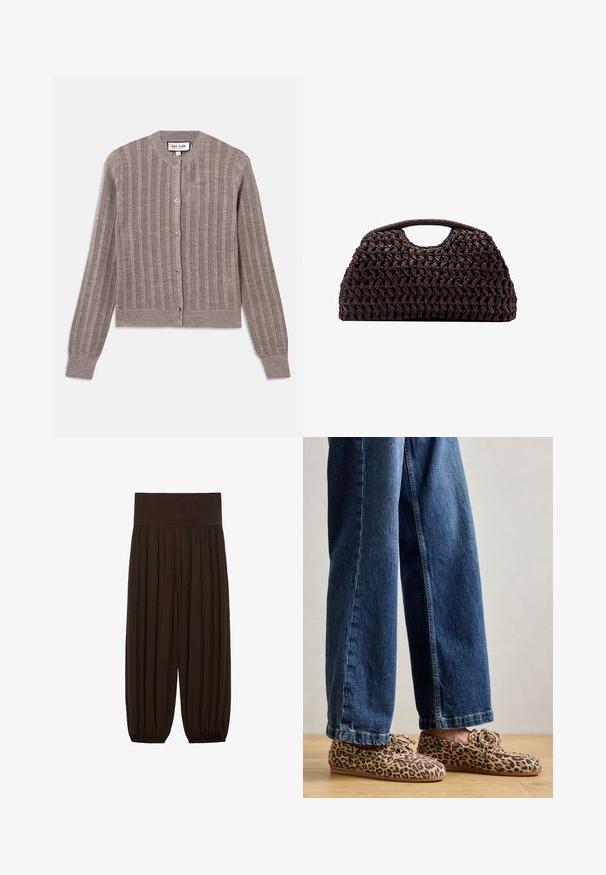Cardigan grigio a coste con collo rotondo, maniche lunghe e chiusura con bottoni. Presenta una texture morbida con una leggera lucentezza.; Top a canotta a righe beige e nere con collo rotondo, abbinato a una gonna in pelle nera aderente con zip frontale e dettaglio della cintura.; Pantaloni marroni a pieghe con una ampia cintura elastica. Il tessuto è leggero e texture, con orli arricciati ai polsini.; Mocassini con stampa leopardata in suede, con punta rotonda, design con lacci e suole piatte e flessibili, abbinati a jeans di denim blu.; Borsa a tracolla intrecciata marrone con silhouette arrotondata, dotata di manico superiore e superficie testurizzata. Design compatto con base piatta per maggiore stabilità.