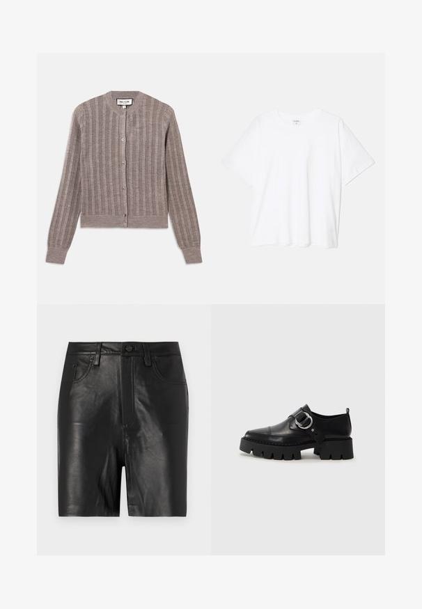 Szary, prążkowany kardigan z okrągłym dekoltem, długimi rękawami i zapięciem na guziki. Charakteryzuje się miękką teksturą o subtelnym połysku.; Biała bawełniana koszulka z krótkim rękawem, okrągłym dekoltem, luźnym krojem i przeszytym brzegiem. Metka widoczna wewnątrz dekoltu.; Czarne skórzane szorty o gładkiej fakturze, wyposażone w zamek błyskawiczny z przodu, zapięcie na guzik oraz klasyczny pięciokieszeniowy krój.; Czarne skórzane buty z masywną, żebrowaną podeszwą, z okrągłym akcentem ze srebrnego metalu i minimalnymi detalami szwów.