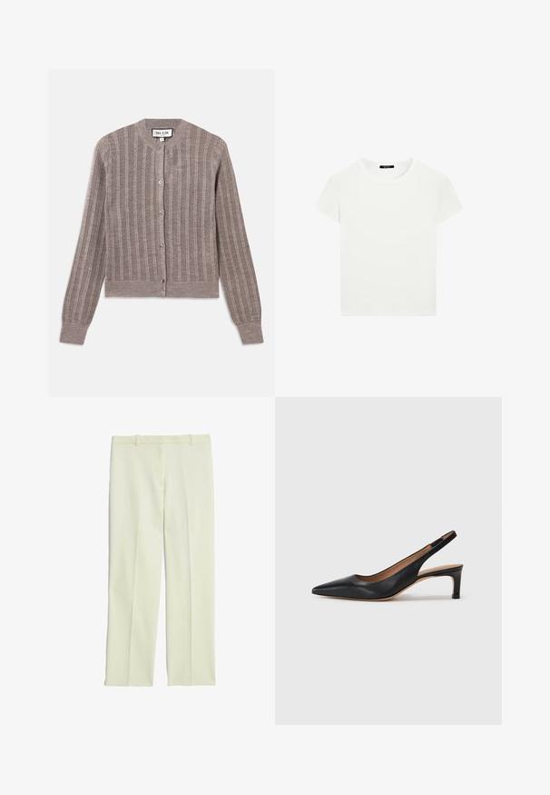 Cardigan gris à côtes avec un col rond, des manches longues et une fermeture à bouton. Il présente une texture douce avec un subtil éclat.; T-shirt blanc uni à manches courtes et col ras du cou, ajusté, présenté à plat sur un fond blanc.; Pantalons ajustés de couleur crème avec une coupe droite, présentant un devant plat, des passants de ceinture et une texture lisse.; Escarpin slingback en cuir noir avec un bout pointu, un petit talon et une texture lisse. Doté d'une fine sangle réglable pour un ajustement sécurisé.