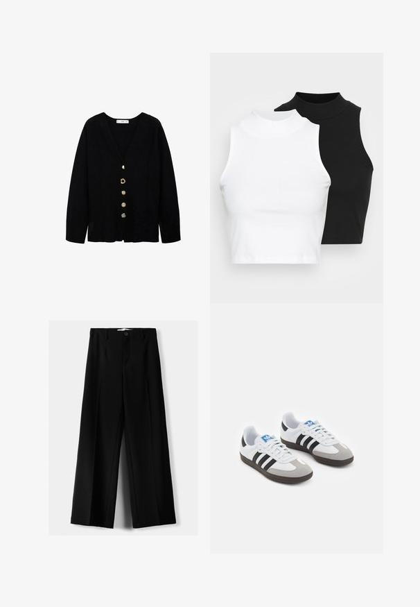 Musta neuletakki, jossa on V-päänti, pitkät hihat ja viisi koristeellista nappia eri kultatyyleissä edessä. Pehmeää kangasta, jossa on hieno rakenne.; Kaksi hihattomaa ribattua kauluspaitaa mustana ja valkoisena, joissa on istuva muotoilu ja sileä rakenne, sekä lyhyt pituus.; Mustat leveälahkeiset housut, jotka on valmistettu kevyestä kankaasta. Housuissa on etunappikiinnitys ja tasainen etuosa, sekä huolellisesti ommellut helmat.; Urheilukengät, joissa on valkoinen nahkainen päällinen, harmaa mokkanokka ja kolme mustaa raitaa. Ominaisuuksina sininen logo kielekkeessä ja kuvioitu kumipohja.